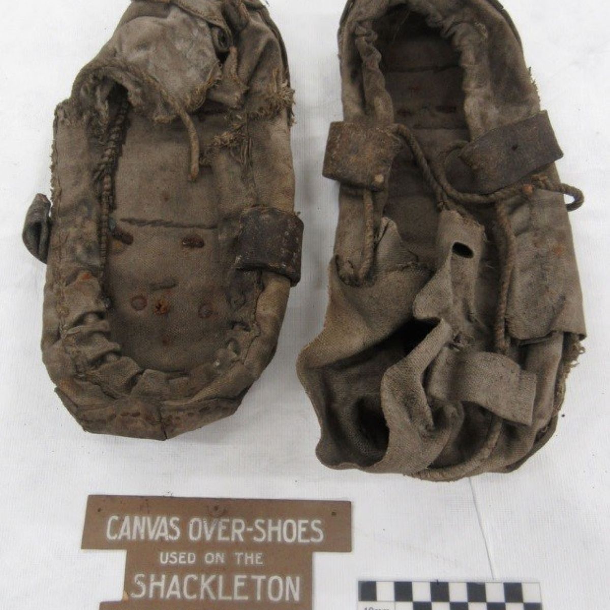 Canvas over shoes used on Shackleton Expedition before conservation took place