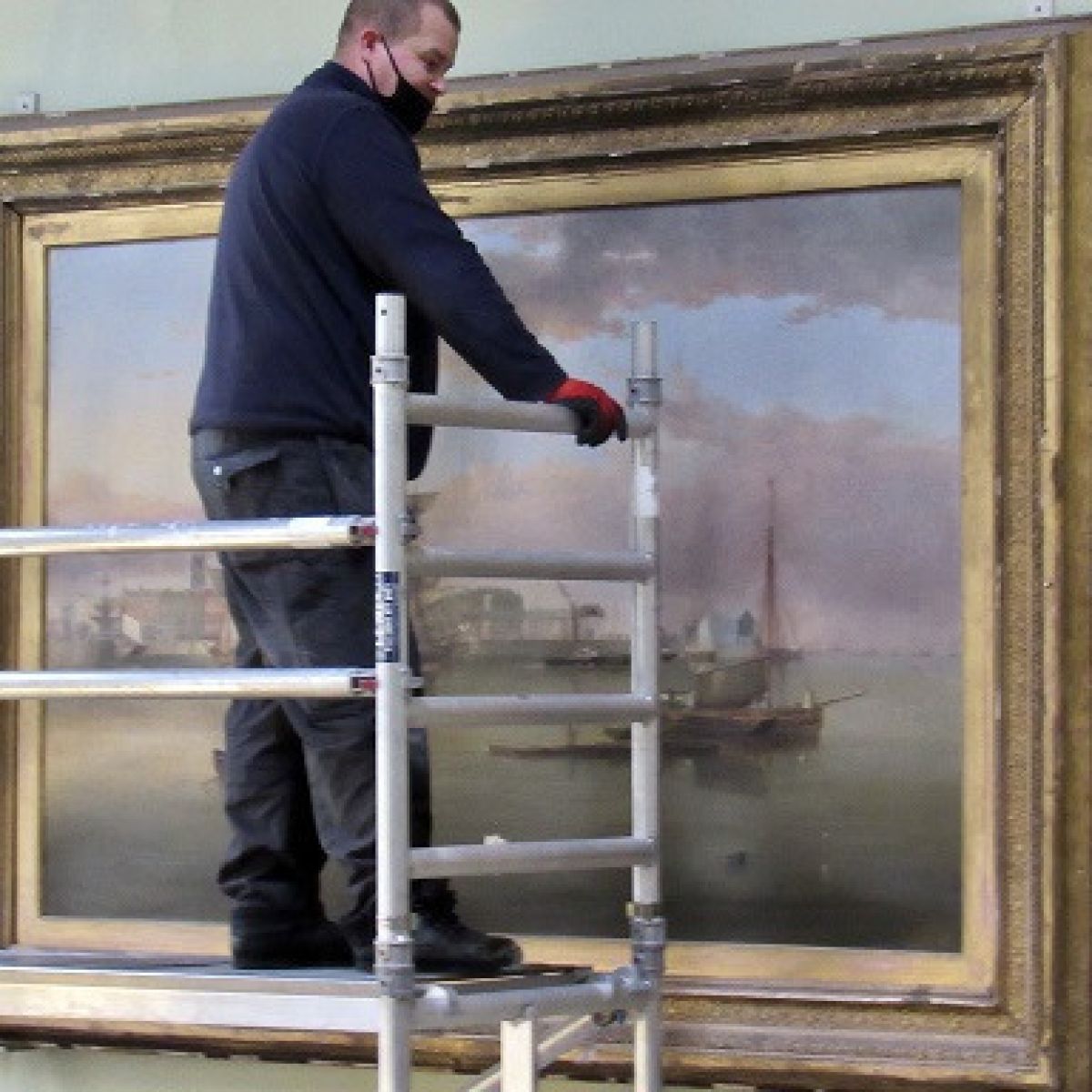 Technicians Are Ready To De Install The Large Maritime Painting