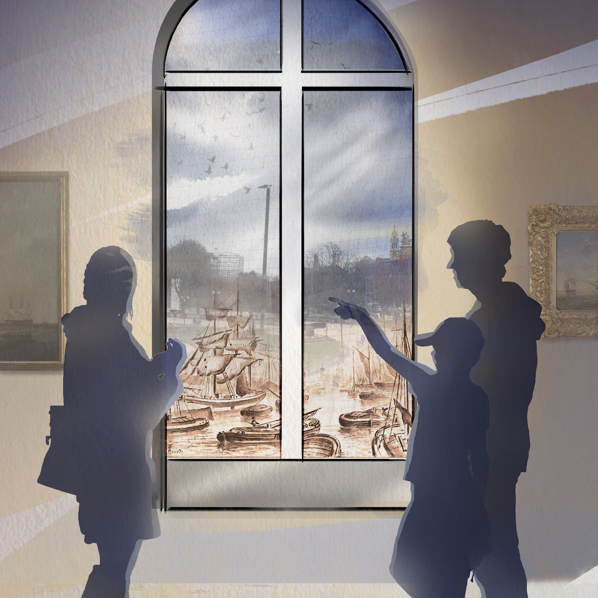 A artists' impression of a window projection looking at when Queens Gardens was a busy dock.